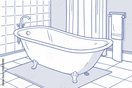 Clawfoot Bathtub with Tiled Walls and Shower Curtain.