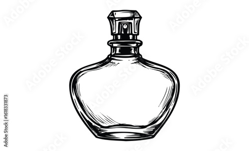 Hand-drawn elegant perfume bottle illustration in black and white. Vector retro hand drawn illustration