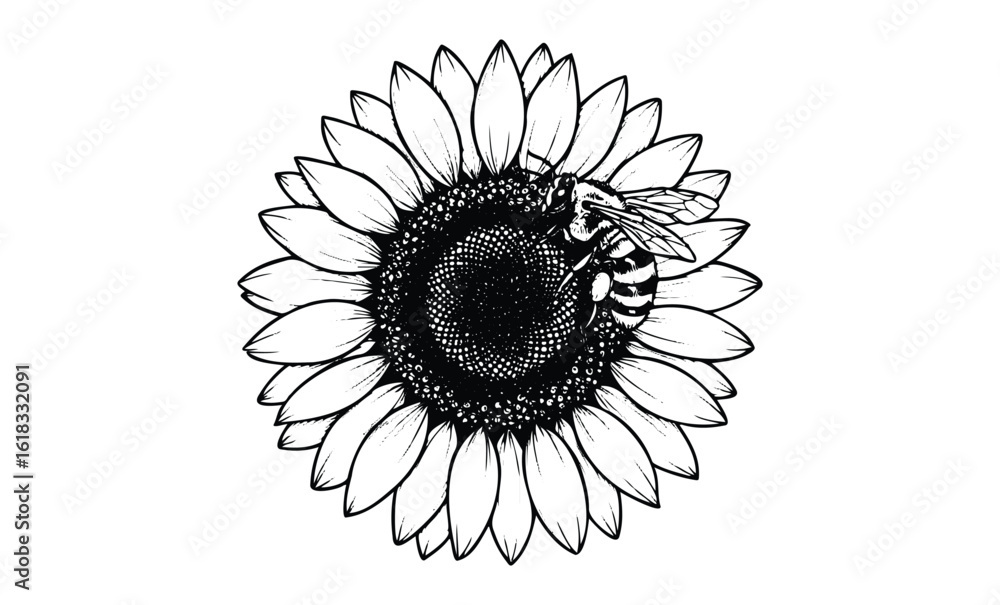 Fototapeta premium Bee on sunflower: black and white illustration of nature and pollination. Vector retro hand drawn illustration