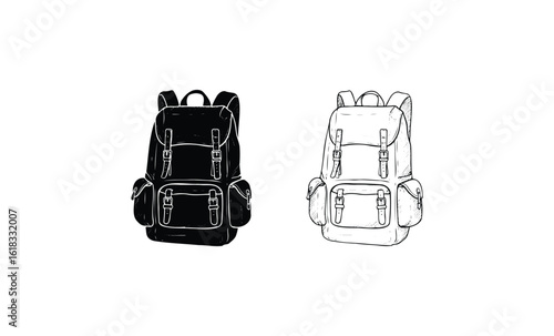 Black and white backpack sketches with straps and buckles on white background. Vector retro hand drawn illustration