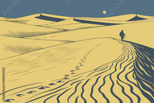Lone traveler walks across vast desert dunes.