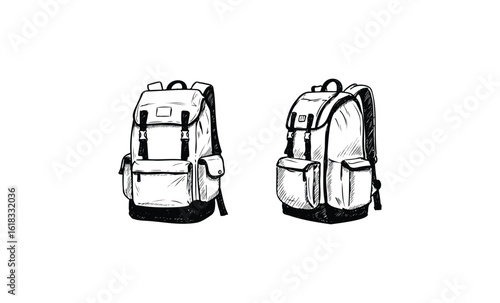 Black and white backpack sketches with front and side views. Vector retro hand drawn illustration