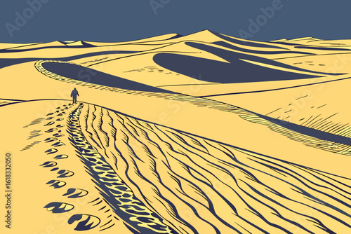 Lone figure walking through vast desert sand dunes.