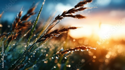 A breathtaking close-up of tall grass glistening with dew as the golden sunrise illuminates the scene, creating a serene and tranquil atmosphere filled with natural beauty.