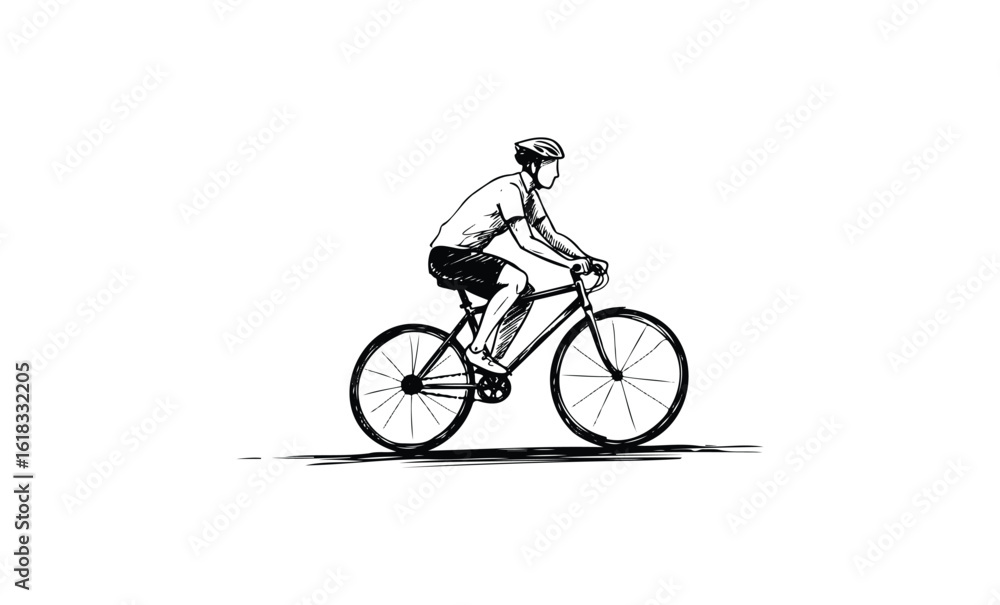 Fototapeta premium Sketch of male cycling on bicycle with helmet. Vector retro hand drawn illustration