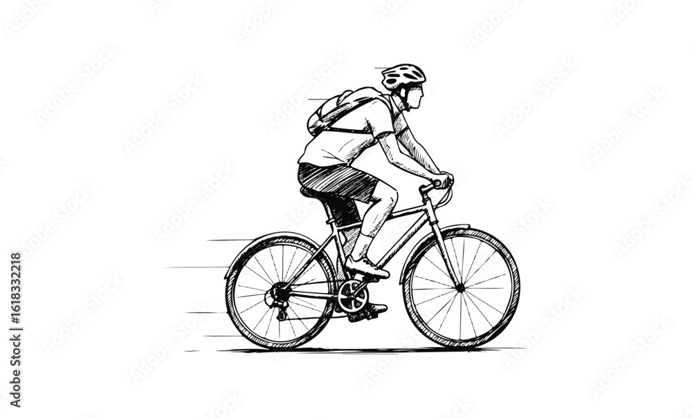 Fototapeta premium Sketch of young caucasian male cyclist riding bike fast with helmet and backpack. Vector retro hand drawn illustration