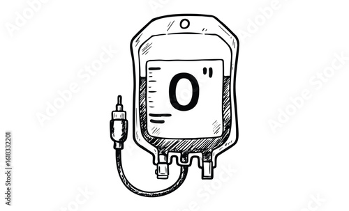 Hand-drawn blood bag with type o label and tube. Vector retro hand drawn illustration