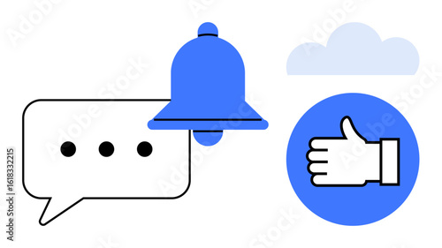 Speech bubble with three dots, blue notification bell, thumbs-up in a blue circle, and cloud. Ideal for communication, alerts, feedback, messaging, user interface notifications simple landing page