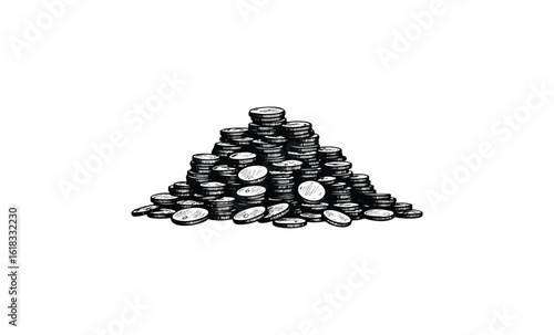 Monochrome illustration of a large pile of coins symbolizing wealth and prosperity. Vector retro hand drawn illustration