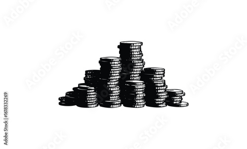 Stack of coins illustration: monochrome collection of piles of money. Vector retro hand drawn illustration