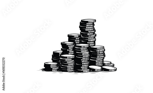 Black and white sketch of stacked coins highlighting wealth and savings. Vector retro hand drawn illustration