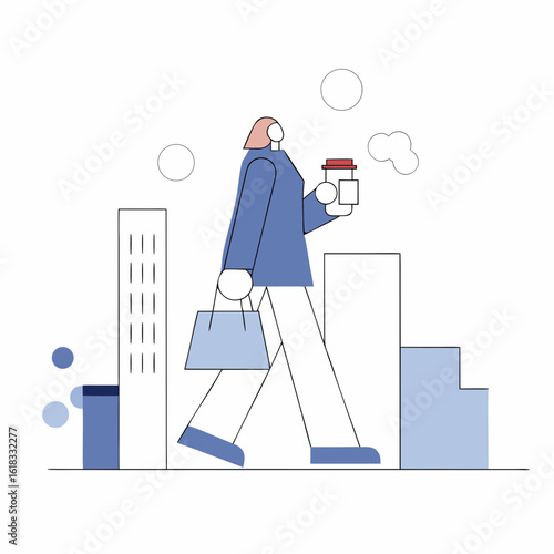 Woman Walking with Coffee and Tote Bag