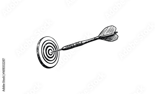 Hand-drawn illustration of a dart hitting a bullseye on a target. Vector retro hand drawn illustration