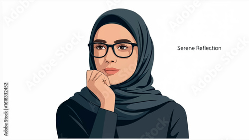 Digital illustration of a woman with a black hijab and glasses on a white background