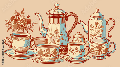 Vintage teaware and floral arrangement