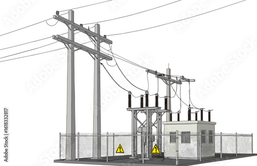 Electric substation with high voltage transformers, safety fence, power lines, warning signs, utility infrastructure, energy distribution station vector illustration