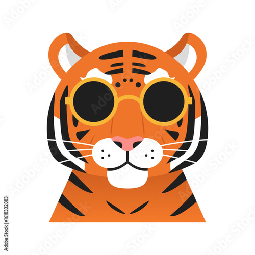 A stylish tiger portrait wearing round sunglasses. A cool and modern flat design vector illustration of a wild cat character.