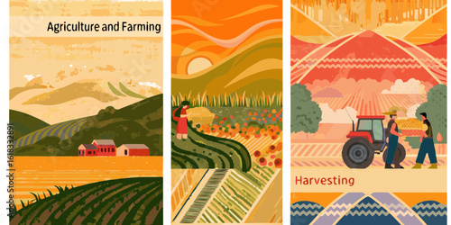 Rural agricultural landscapes with farmers and machinery during harvest season