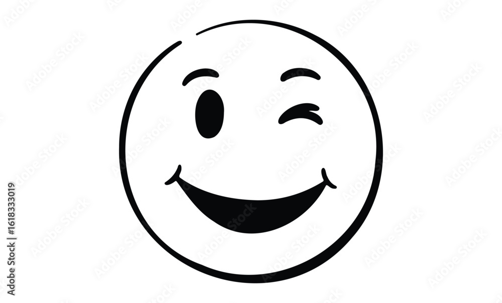 Fototapeta premium Winking smiley face emoticon with playful expression. Vector retro hand drawn illustration