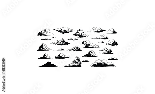 Collection of hand-drawn cloud illustrations on white background. Vector retro hand drawn illustration
