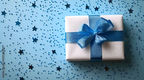 Beautifully wrapped gift box with blue bow and stars on a festive background