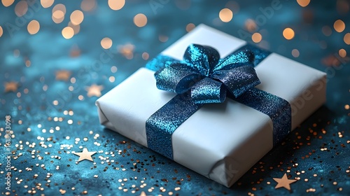 Festive holiday gift box with sparkling bow