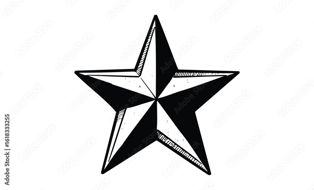 Fototapeta premium Black and white geometric star with shaded details on white background. Vector retro hand drawn illustration