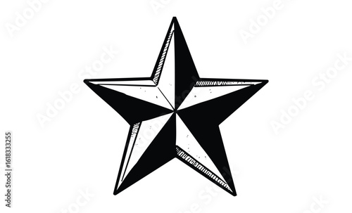 Black and white geometric star with shaded details on white background. Vector retro hand drawn illustration