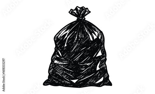 Hand-drawn black garbage bag illustration on white background. Vector retro hand drawn illustration