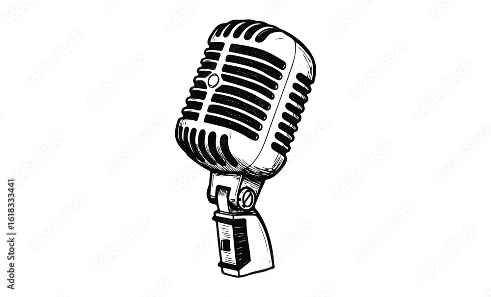 Fototapeta premium Vintage microphone drawing in black and white. Vector retro hand drawn illustration