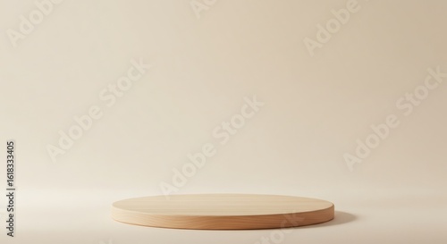 Minimalist 3D scene featuring a circular wooden podium on a clean beige background, perfect for product display and presentations.