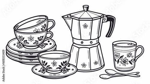 Espresso maker and floral coffee cups with saucers and spoons