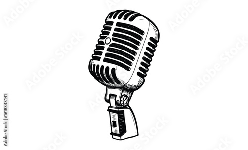 Vintage microphone drawing in black and white. Vector retro hand drawn illustration