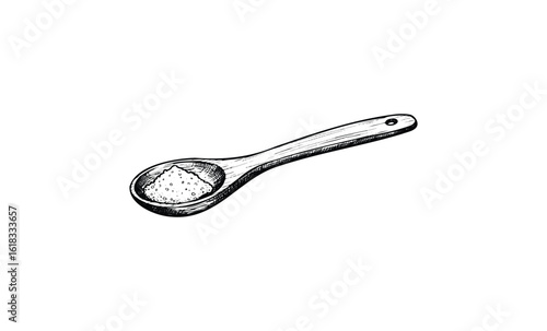 Hand-drawn wooden spoon with granulated sugar on white background. Vector retro hand drawn illustration