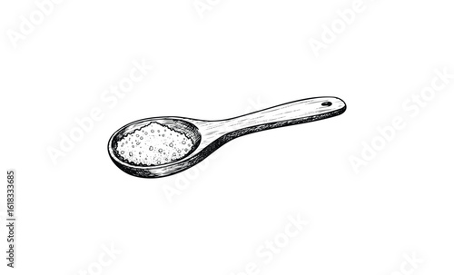 Wooden spoon filled with granulated salt illustration. Vector retro hand drawn illustration