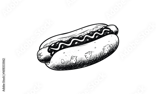Vintage hand-drawn hot dog with mustard on bun in black and white pen sketch. Vector retro hand drawn illustration