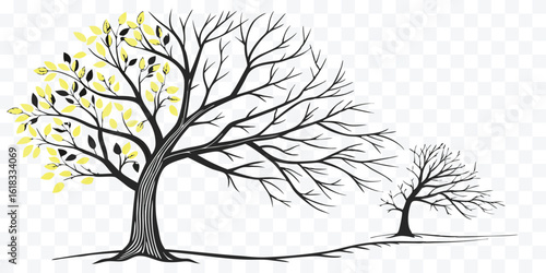 Stylized Vector Trees with Bare Branches and Golden Leaves Autumnal Mood Graphic Resource