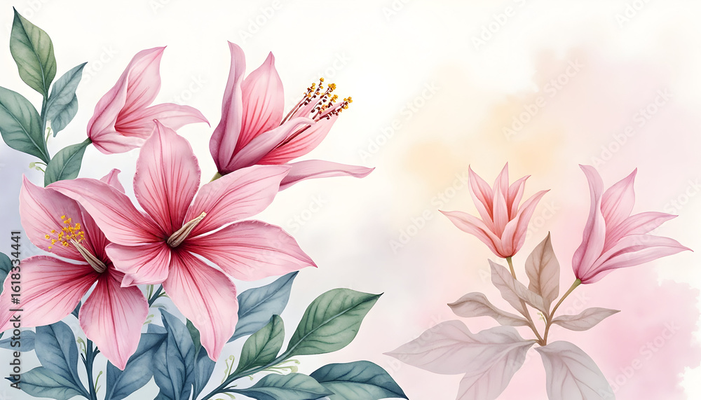 Obraz premium Pink Flowers Illustration with Leaves on Soft Watercolor Background