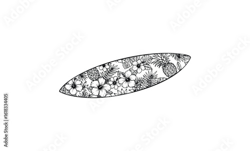 Floral surfboard design with hibiscus and pineapple patterns. Vector retro hand drawn illustration