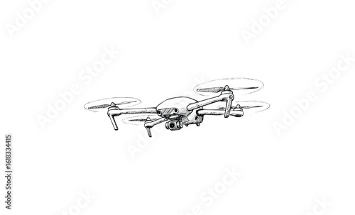 Monochrome sketch of a quadcopter drone in flight. Vector retro hand drawn illustration