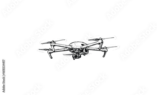Quadcopter drone sketch with camera. Vector retro hand drawn illustration