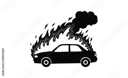 Silhouette of car with flames and smoke illustrating vehicle fire. Vector retro hand drawn illustration