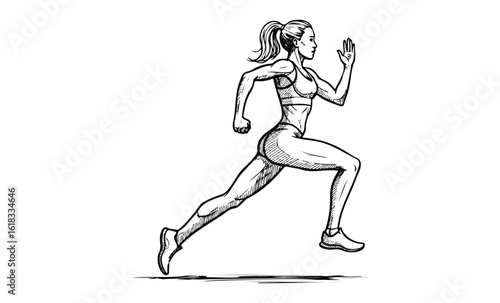Female runner in motion - dynamic black and white sketch of athletic young woman. Vector retro hand drawn illustration