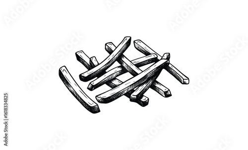 Black and white illustration of french fries on white background. Vector retro hand drawn illustration