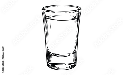 Simple clean black and white sketch of a tall glass of water. Vector retro hand drawn illustration