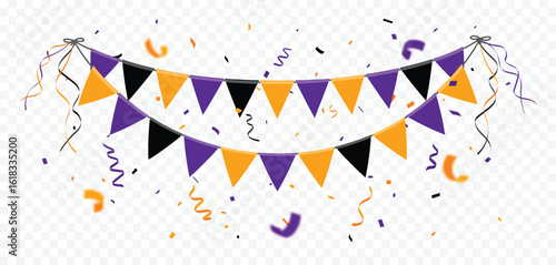 Purple and orange confetti, celebrations of halloween party flags garland banner and backgrounds