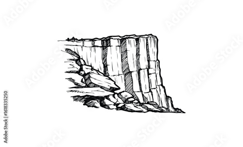 Hand-drawn cliffside with jagged rocks and vertical striations. Vector retro hand drawn illustration