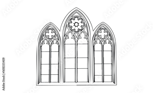 Gothic cathedral window design with tracery and mullions in black and white. Vector retro hand drawn illustration