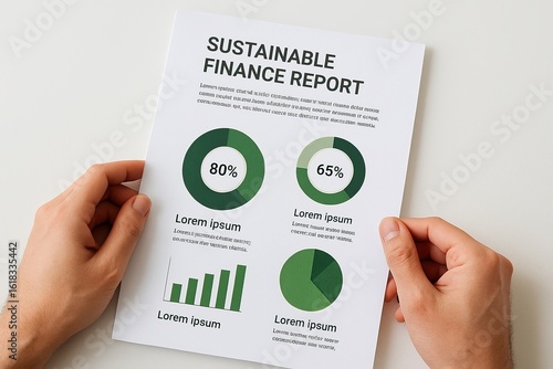 sustainable finance show highlights eco-conscious investment strategies. A person holds a sustainable finance report featuring green circular and bar charts