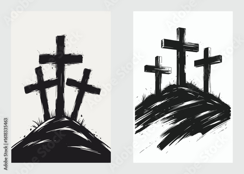 Three crosses on hill symbolizing crucifixion of Jesus Christ on Good Friday